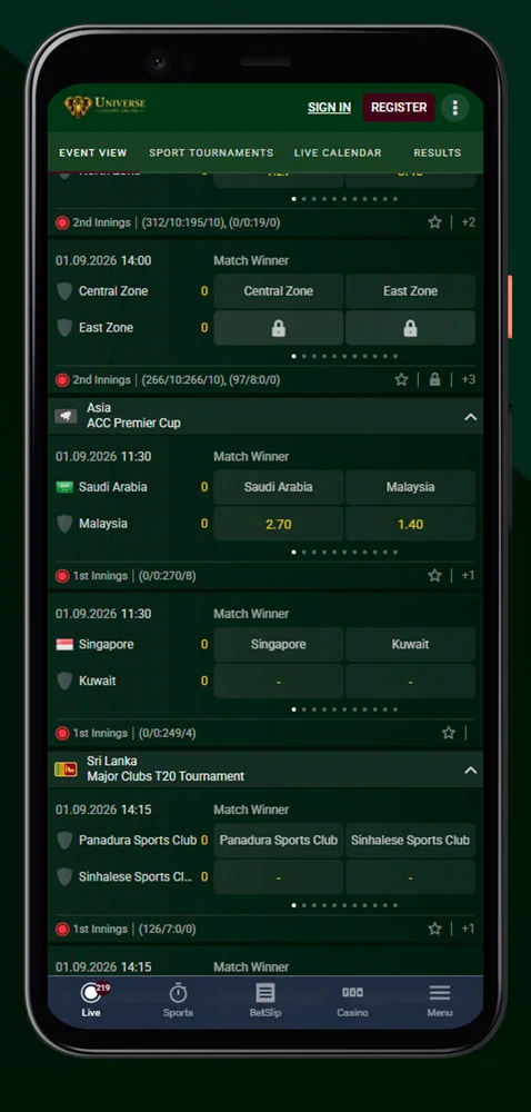 Wetten in der App UniverseCasino