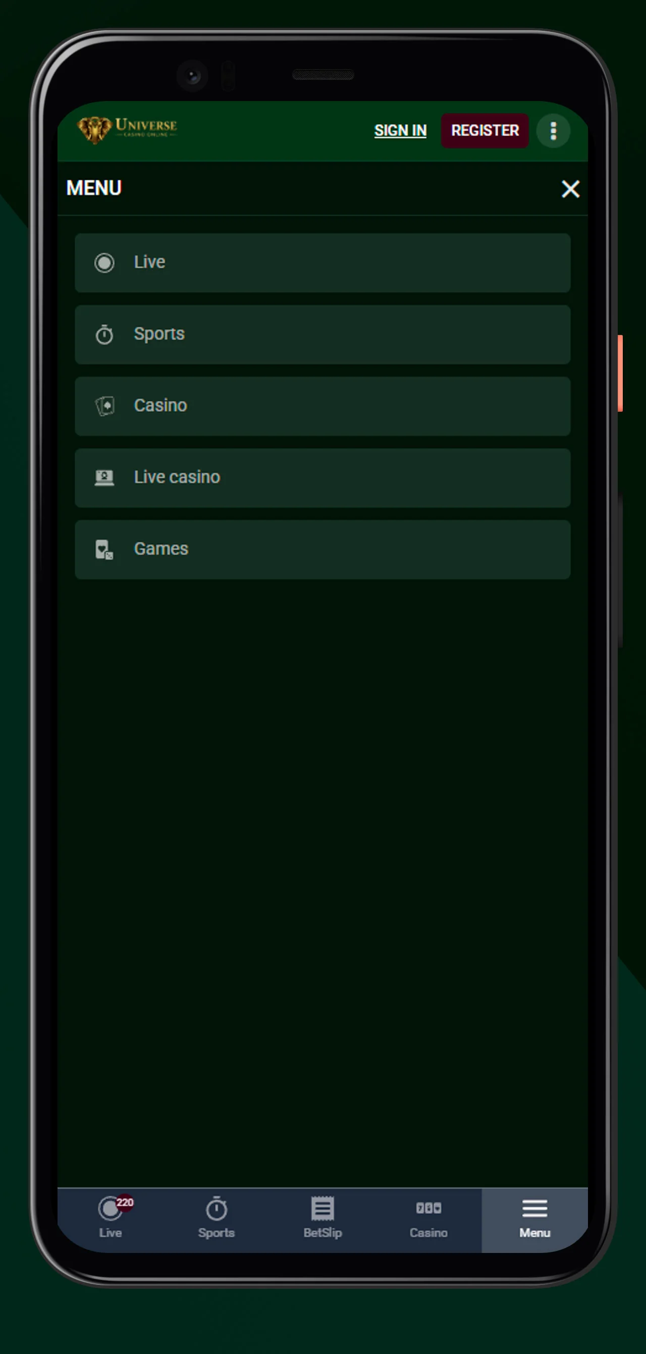 Menü in der App UniverseCasino
