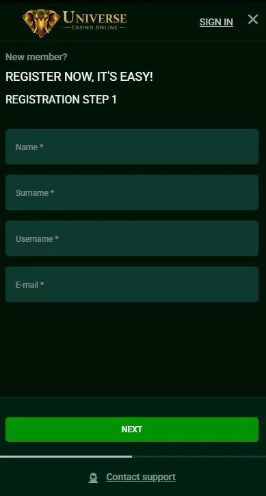 Registrierung 1 Schritt Universe Casino