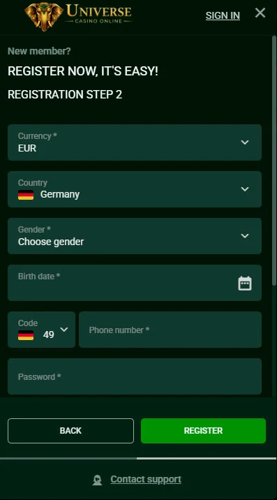Registrierung 2 Schritt Universe Casino